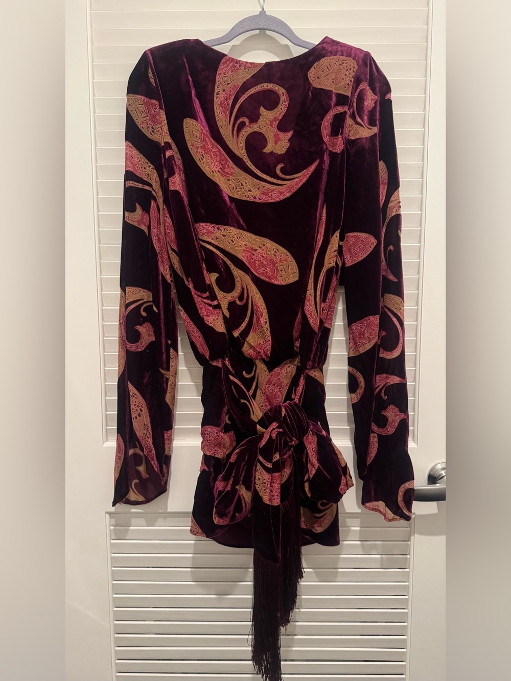 Retrofete Burgundy Velvet Paisley Tie-Waist Long Sleeve Dress - Picture 10 of 12